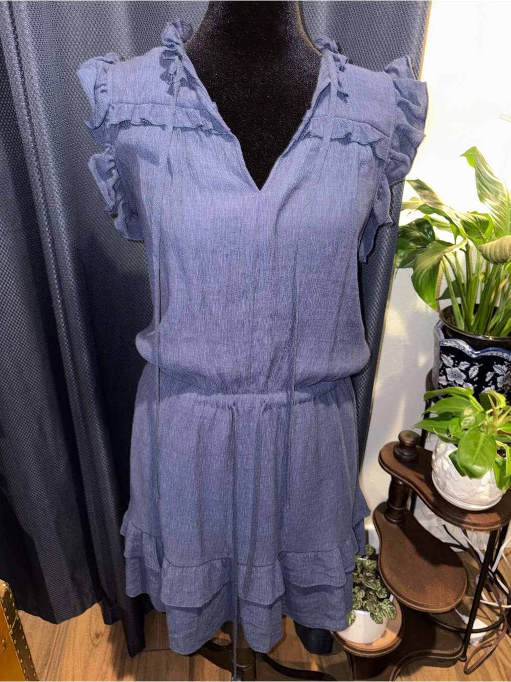 Pinch Blue Ruffle Sleeve Chambray Tunic Dress